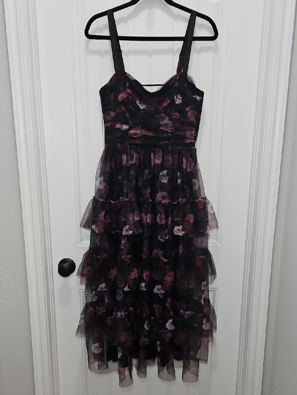 Lulus Sentimental Charisma Black Floral Mesh Tiered Midi Dress New - Picture 2 of 12